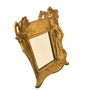 Vintage Brass Art Nouveau Vanity Mirror Frame Lady Floral Butterfly Easel Back